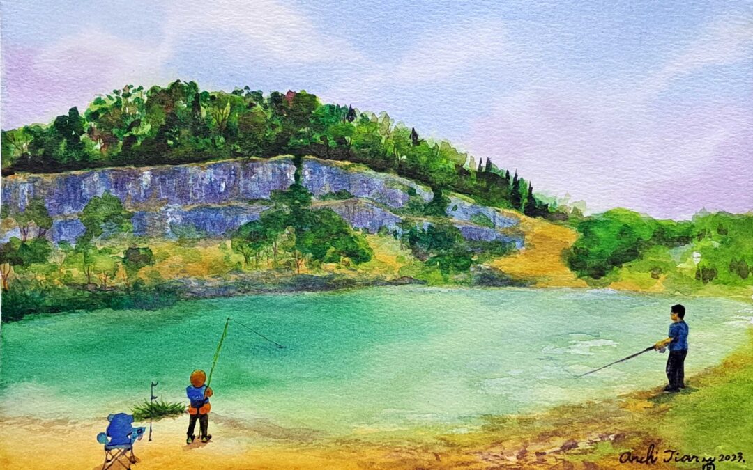 Son and Dad Lake Fishing 29.7x21cm Watercolour on paper