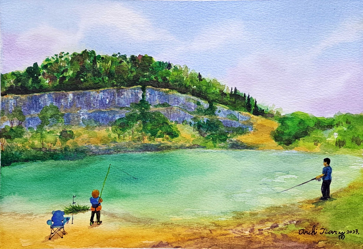 Son and Dad Lake Fishing 29.7x21cm Watercolour on paper